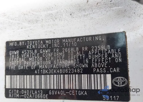 2011 Toyota Camry Xle V6 из США, поврежденный, VIN 4T1BK3EK4BU623482